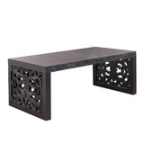 Rustic Carved Wood Coffee Table, Handcrafted Look With Ornate Side Panels