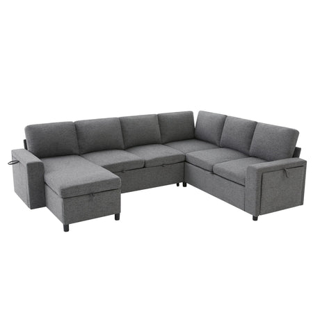 U - Shaped Convertible Sectional Sofa Bed With Storage, USB Charger & Cup Holders