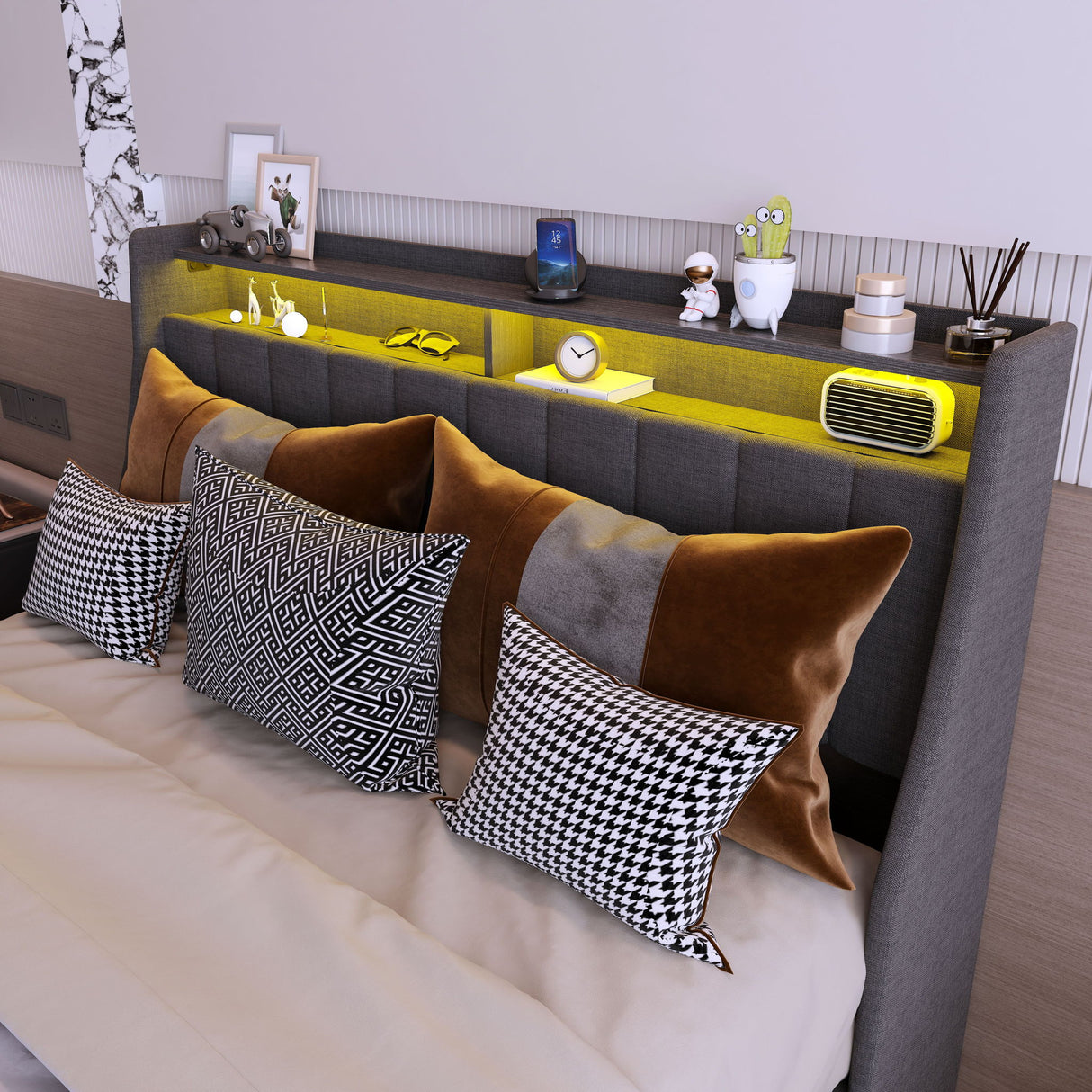 Bed With LED Lights, 4 Drawers, Winged Headboard Upholstered