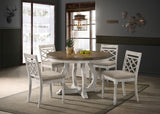 Havanna - 5 Piece Wide Round Dining Table With Off White Chairs (Set of 5) - Vintage Walnut