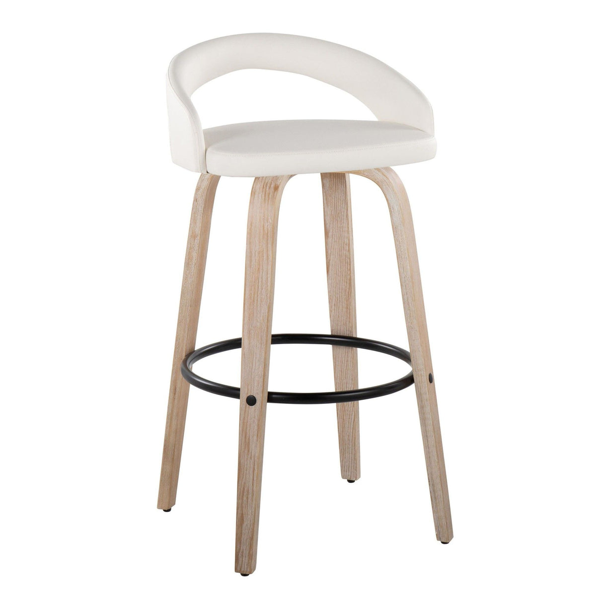 Grotto - Upholstered Fixed-Height Barstool (Set of 2) - Whitewashed Wood, White Faux Leather, Black Metal