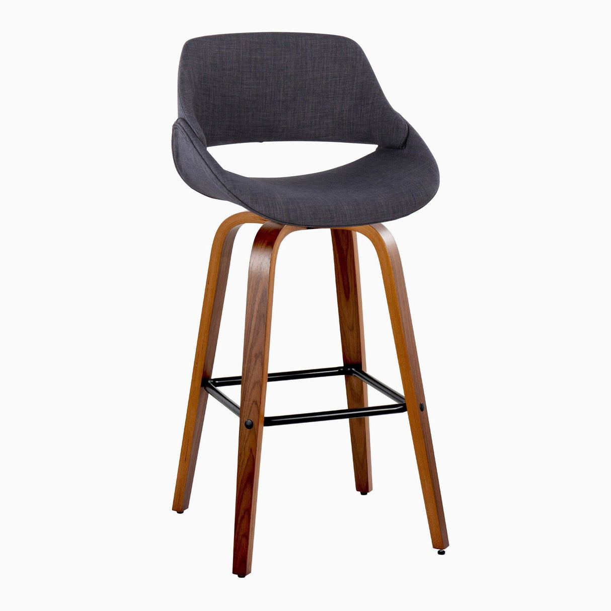 Fabrizzi - 30" Fixed-Height Barstool With Swivel And Square Black Metal Footrest (Set of 2) - Walnut Wood