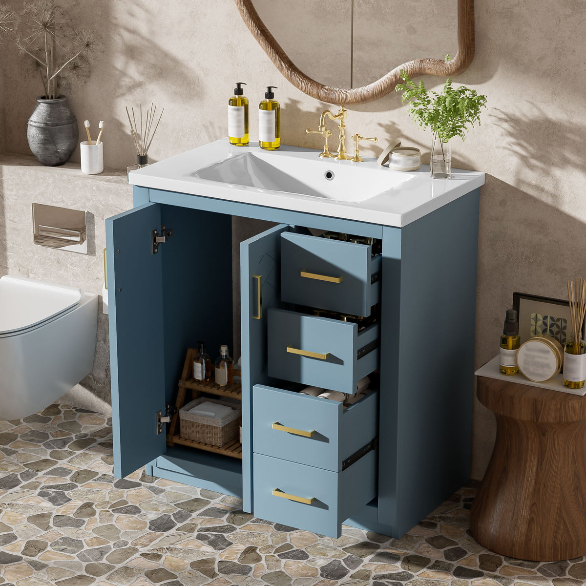 Bathroom Vanity With Sink, Storage Cabinet, Freestanding Set With 3 Drawers & Soft Closing Doors
