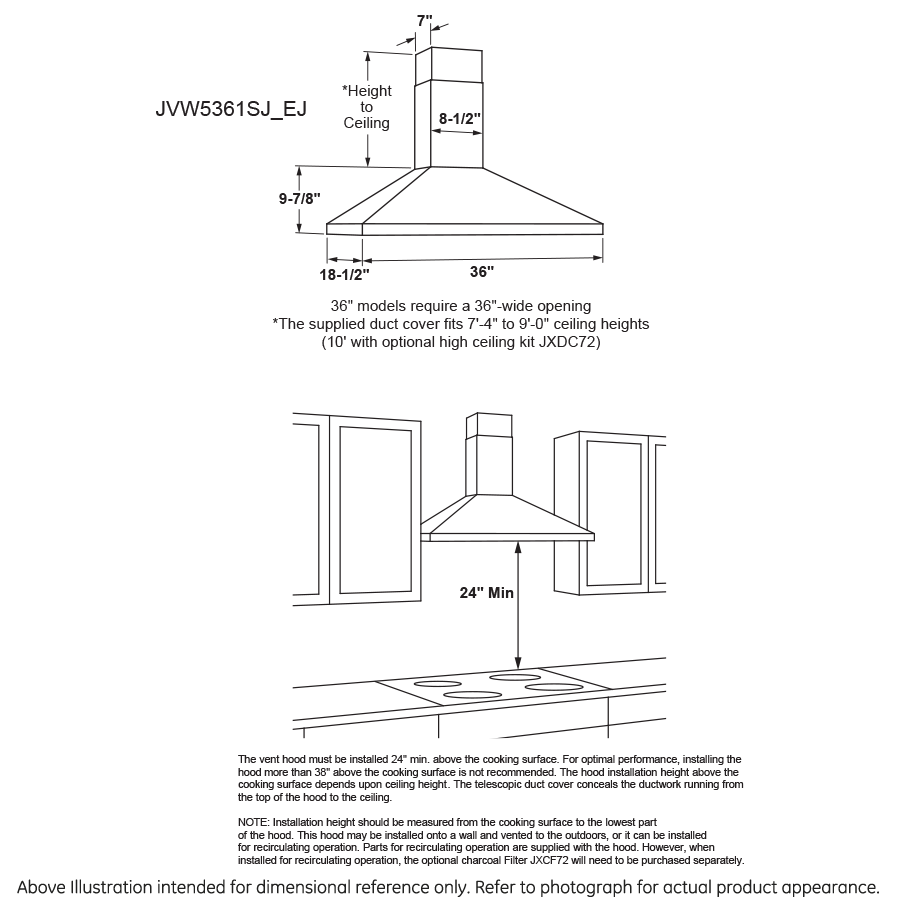 GE(R) 36" Wall-Mount Pyramid Chimney Hood - (JVW5361SJSS)