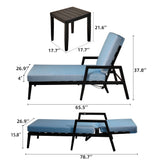 3 Piece Outdoor Patio Lounge Set, 2 Chaise & 1 End Table With Modern Tapered Feet, Pneumatic Adjustable Backrest, Wheels, Sunbrella Cushion - Ember Black / Blue