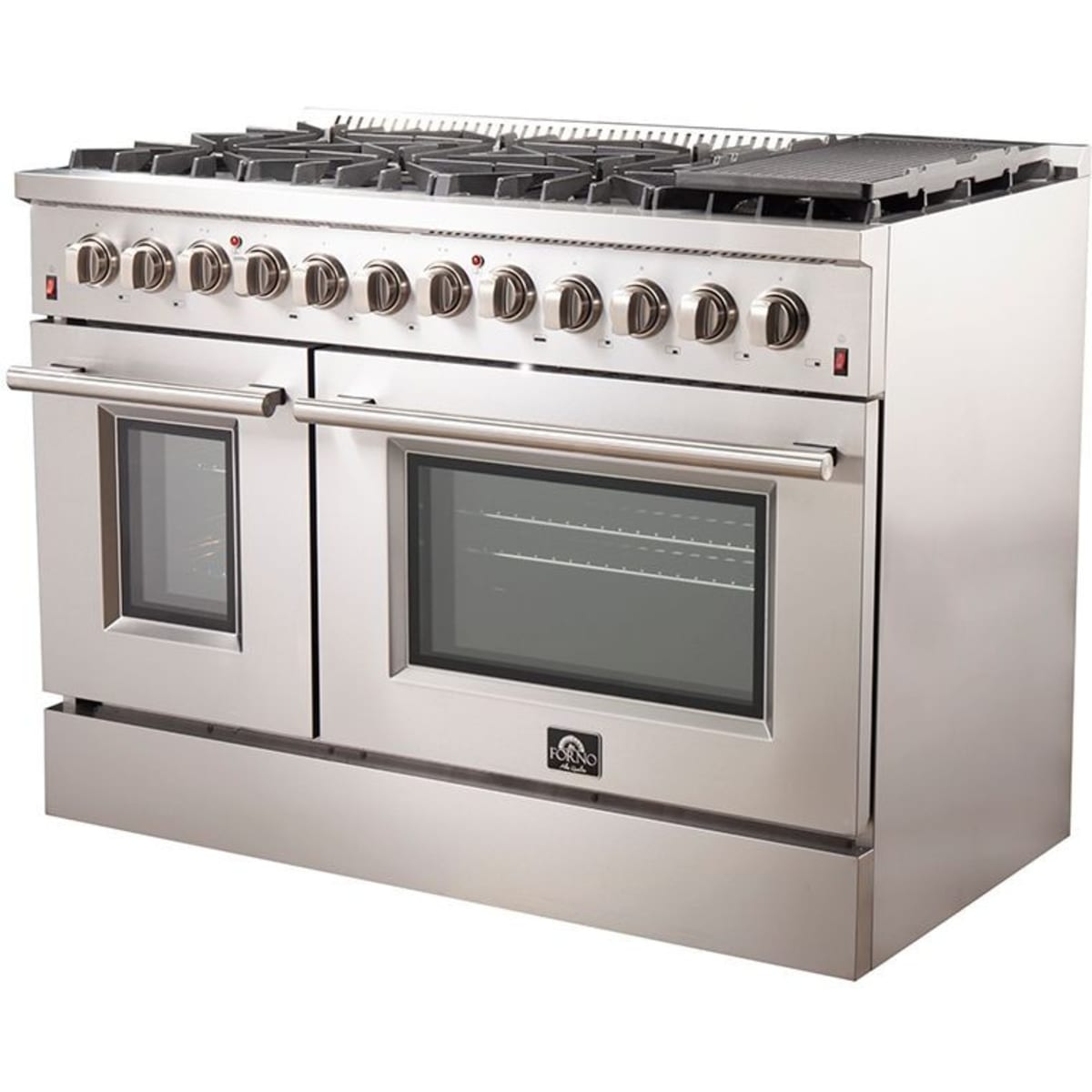 Forno Galiano FFSGS615648 48 Inch Freestanding Dual Fuel Range with 8 Sealed Burners, 6.58 cu. ft. Total Capacity, Continuous Cast Iron Grates, Griddle, and LP Conversion Kit Included: Stainless Steel