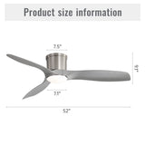 Flush Mount Ceiling Fan With Dimmable LED Light, 3 Blades, Reversible DC Motor Blades For Living Room