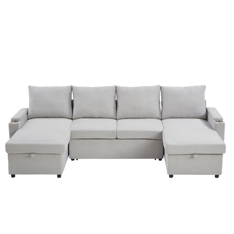 U Shaped Sectional Sofa Bed With Storage Chaise Lounges, USB Ports, And Cup Holders
