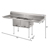 72 in. 16-Gauge Commercial Sink with Backsplash and Dual 18 in. Drainboards, Bowl Dimensions 18"x18"x14" in Stainless-Steel (KM-SB181814-18B316)
