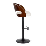 Pino - Mid-Century Modern Adjustable Swivel Barstool (Set of 2) - Black Metal, Cherry Wood And White Faux Leather With Rounded T Footrest