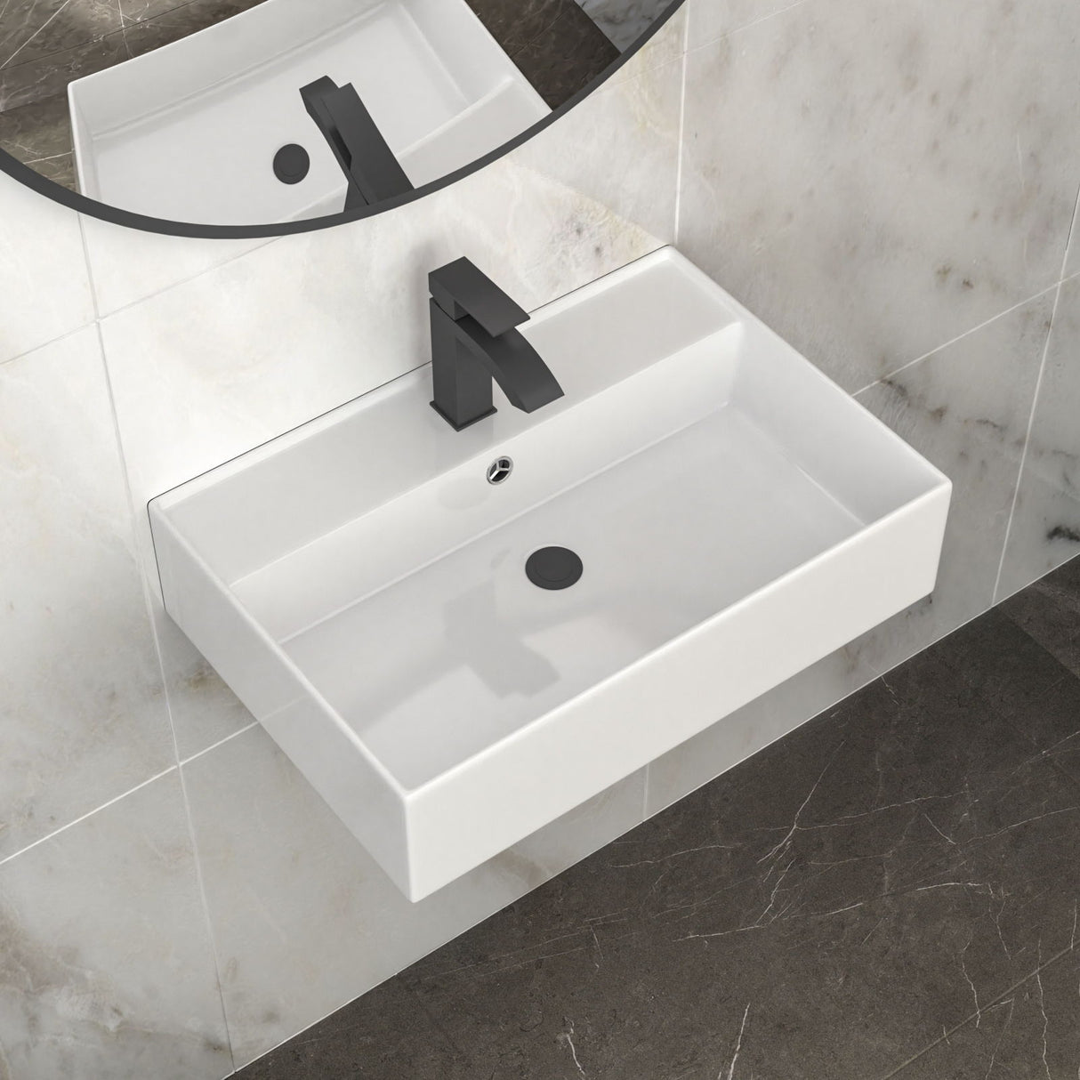 Modern Ceramic Rectangular Wall Mounted Bathroom Sink With Faucet Hole & Overflow