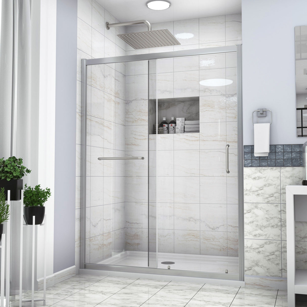 Single Sliding Bypass Shower Door, Tempered Glass Enclosure