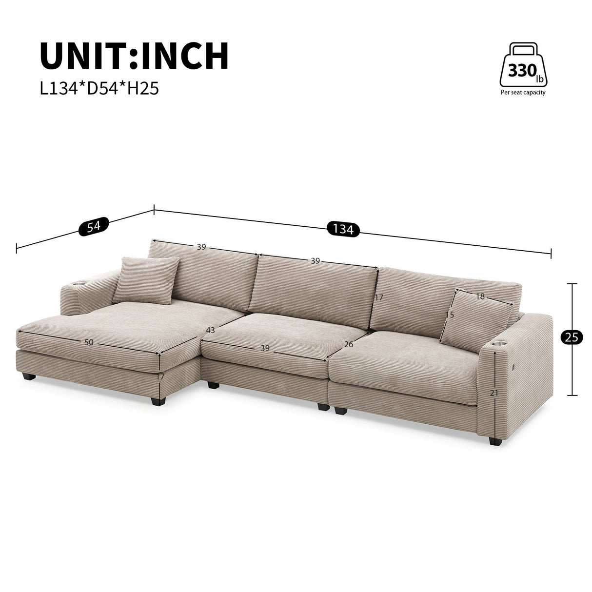 Oversized Sectional L Shaped Cloud Couch With USB Charging Port Cup Holder Deep And Wide Seat Sofa With Chaise Comfy