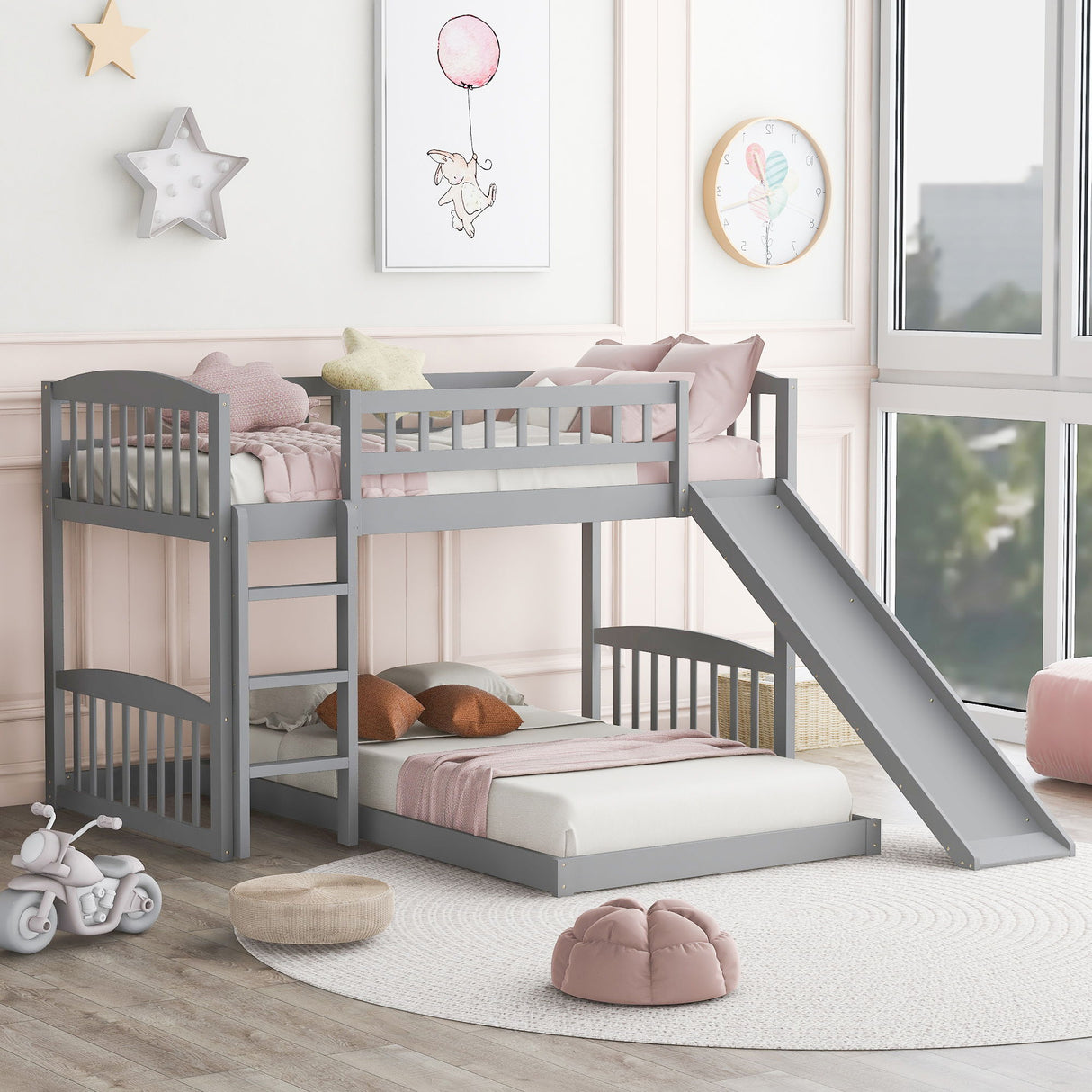 Twin Over Twin Classic Bunk Bed With Slide And Ladder - Gray