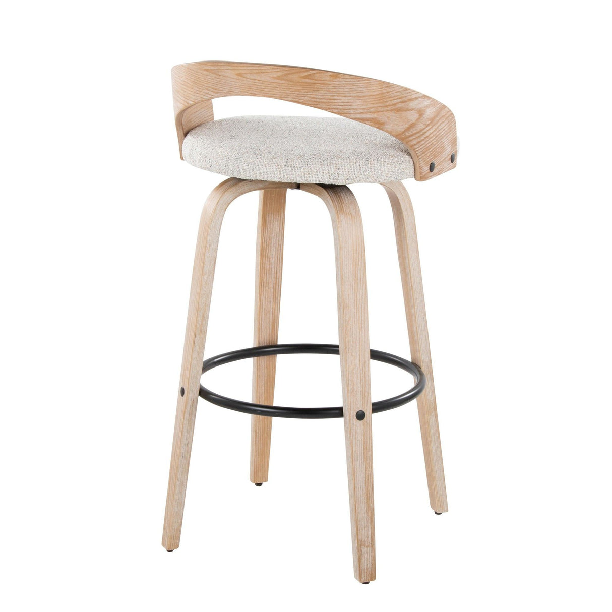 Grotto - 30" Fixed-Height Barstool With Swivel And Round Black Metal Footrest (Set of 2) - White Washed Wood And Oat Fabric