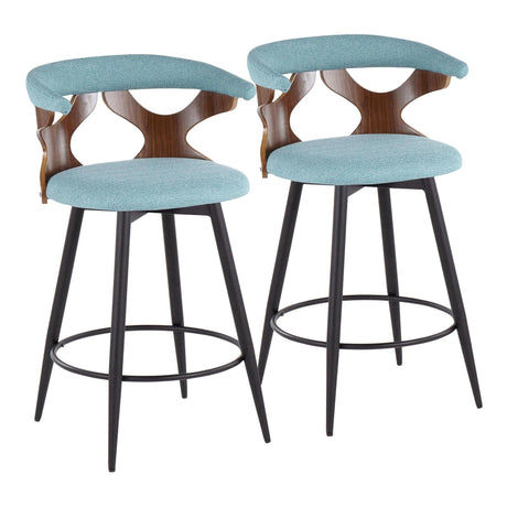 Gardenia - 25" Fixed-Height Counter Stool With Swivel And Rounded Black Metal Footrest (Set of 2) - Black Metal, Walnut Wood