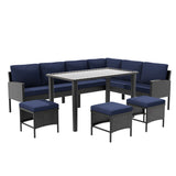 7 Piece Outdoor Furniture Set With Waterproof Cushions, Glass Table, And Space Saving Design - Blue