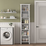Wooden Bathroom Floor Storage Cabinet With 2 Doors And 6 Shelves - White