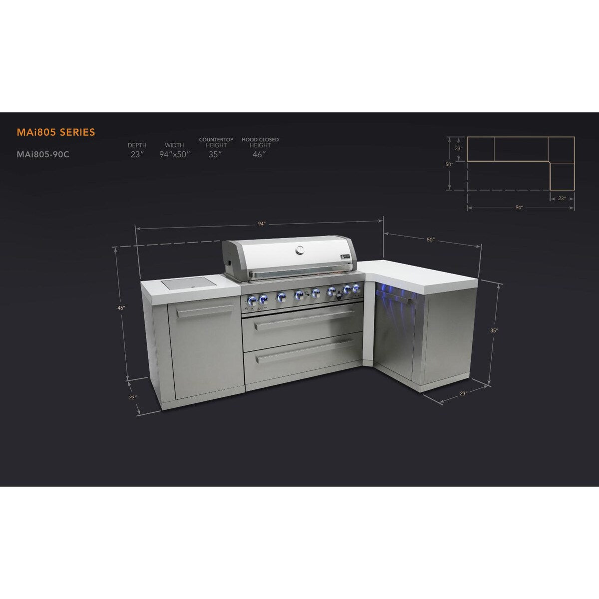 Mont Alpi Original Series 8 Ft L-Shaped Propane Outdoor Kitchen Island w/ Side Burner- MAi805-90