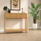 Mid-Century Modern Fluted Console Table With 2 Drawers & Open Shelf, Oak Finish Narrow Entryway Table, Slim Sofa Table For Hallway, Living Room, Small Spaces, Easy Assembly