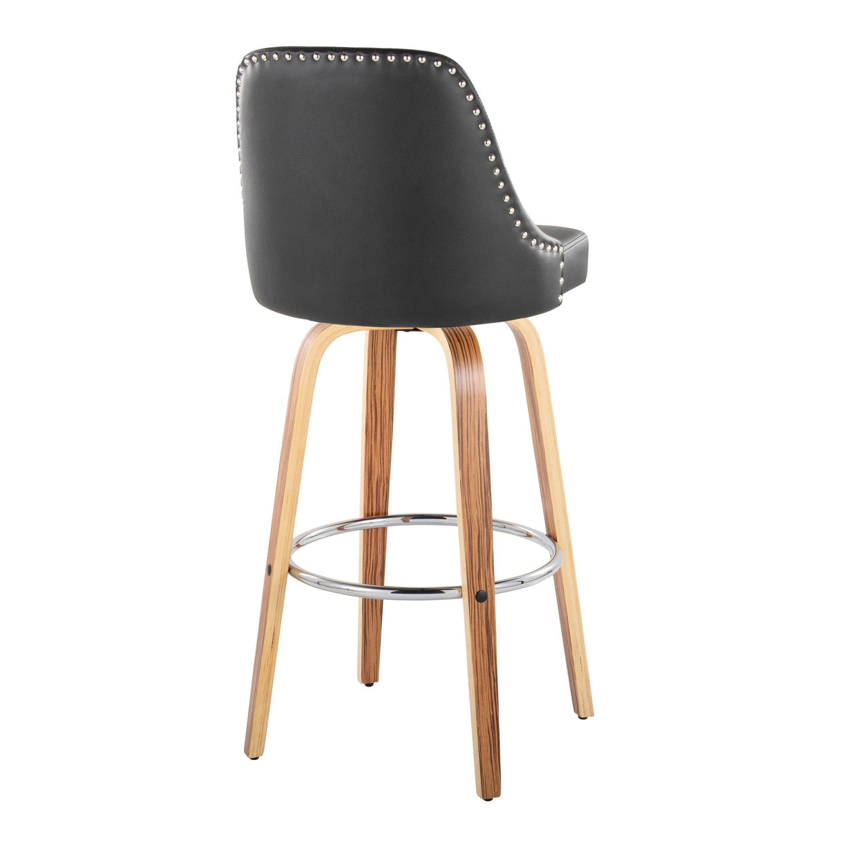 Marcel - 30" Fixed-Height Barstool With Swivel And Round Chrome Metal Footrest (Set of 2) - Zebra Wood And Black Faux Leather With Chrome Nailhead Trim