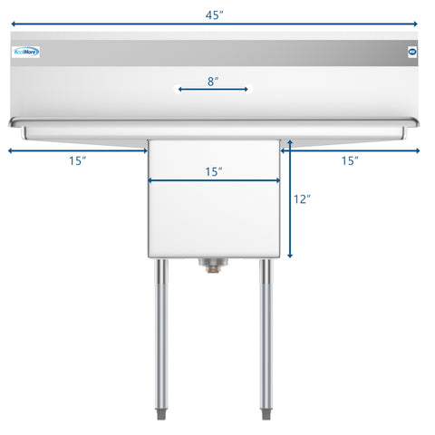 45 in. One Compartment Stainless Steel Commercial Sink with Drainboards, Bowl Size 15"x 15"x 12" SA151512-15B3.