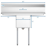 45 in. One Compartment Stainless Steel Commercial Sink with Drainboards, Bowl Size 15"x 15"x 12" SA151512-15B3.