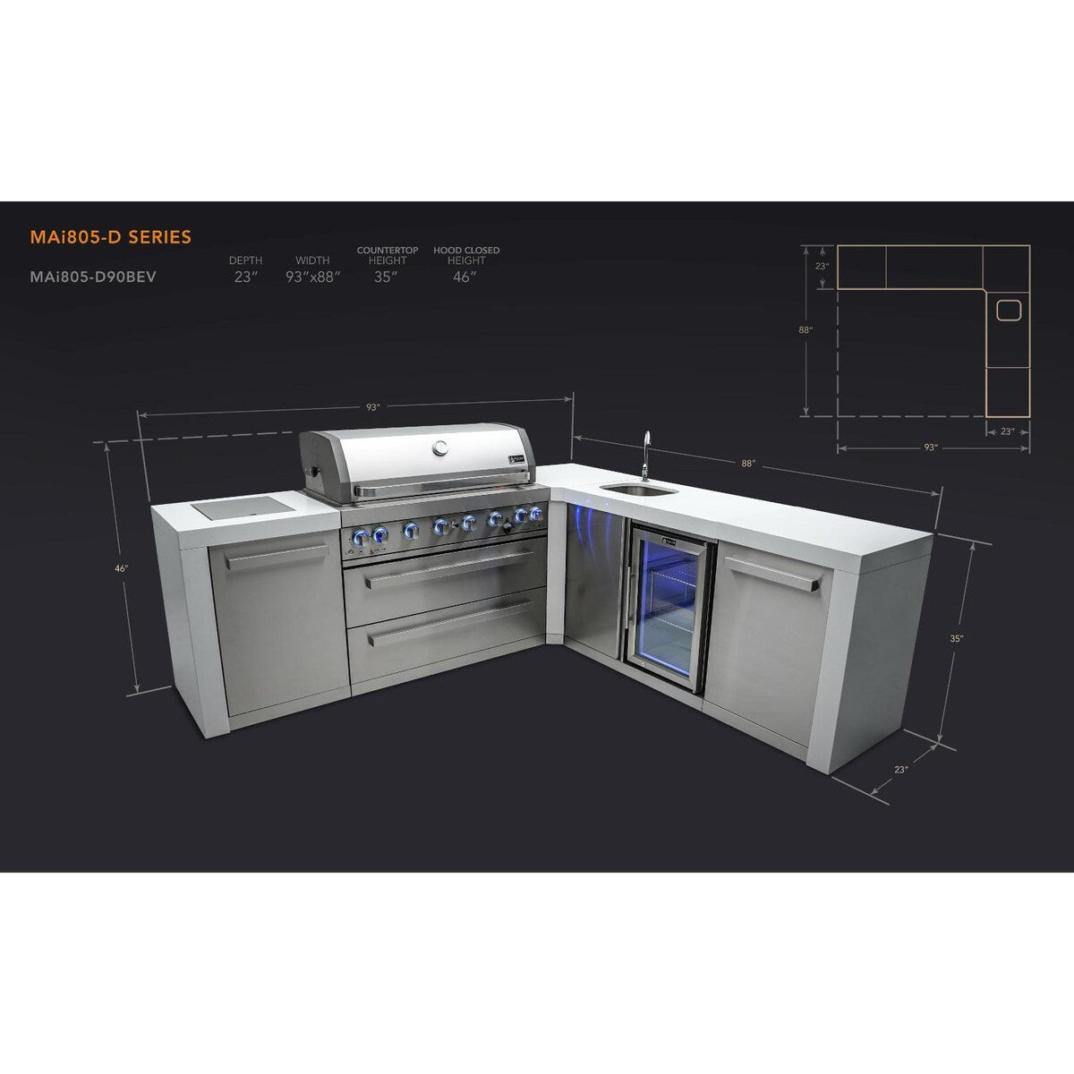 Mont Alpi Deluxe Series 8 Ft L-Shaped Propane Outdoor Kitchen Island w/ Side Burner & Beverage Center - MAi805-D90BEV