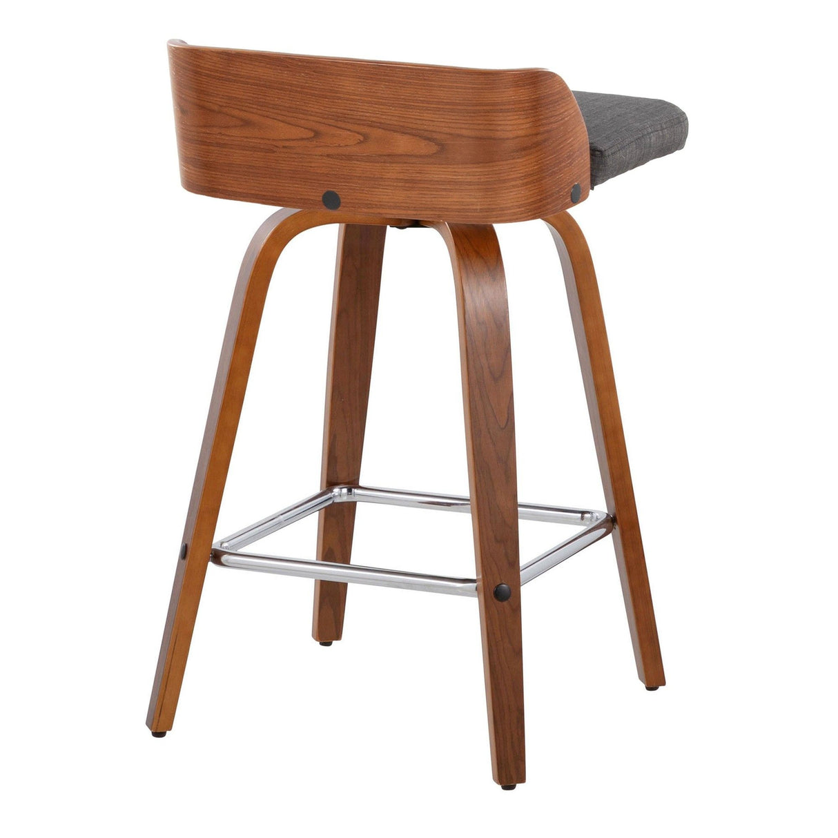 Maya - Mid-Century Modern Fixed-Height Swivel Counter Stool (Set of 2) - Walnut Wood / Charcoal Fabric With Square Chrome Metal Footrest