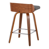 Maya - Mid-Century Modern Fixed-Height Swivel Counter Stool (Set of 2) - Walnut Wood / Charcoal Fabric With Square Chrome Metal Footrest