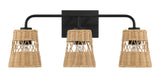 Moonlit - 3 Lights Wall Sconce With Shade, Bathroom Lighting Fixtures Over Mirror - Black / Rattan