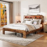 Wood Platform Bed Frame With Storage LED Light Headboard & USB