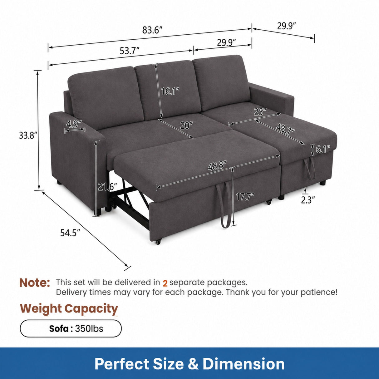 L - Shaped Convertible Sofa Bed With Storage Chaise