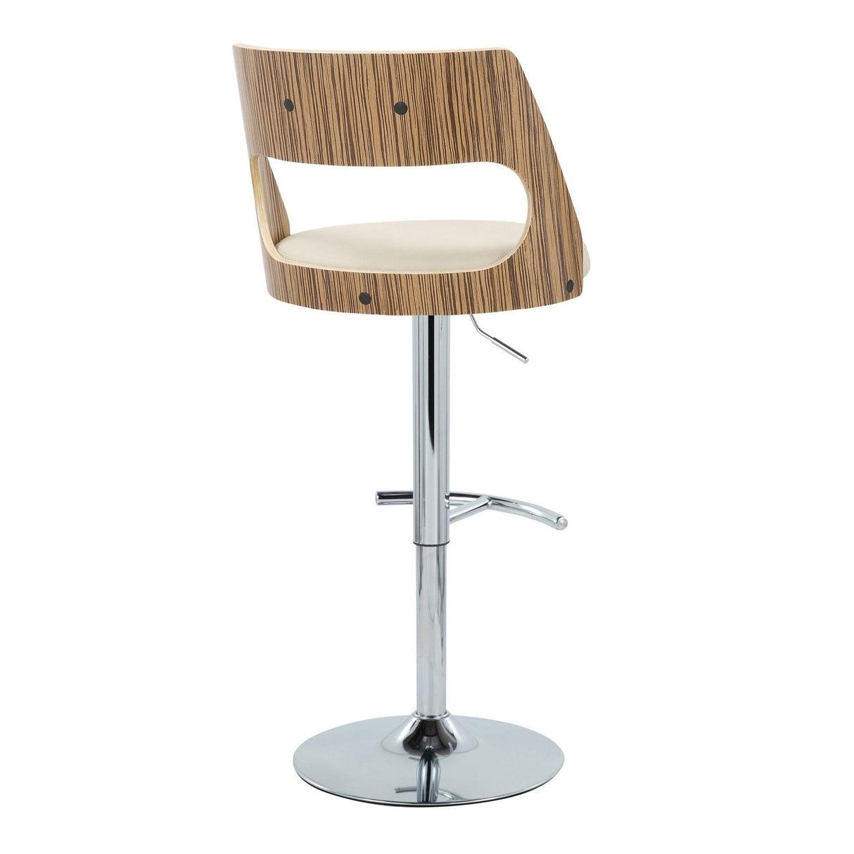 Cecina - Adjustable Barstool With Swivel And Rounded T Footrest (Set of 2) - Chrome Metal, Zebra Wood, And Cream Faux Leather