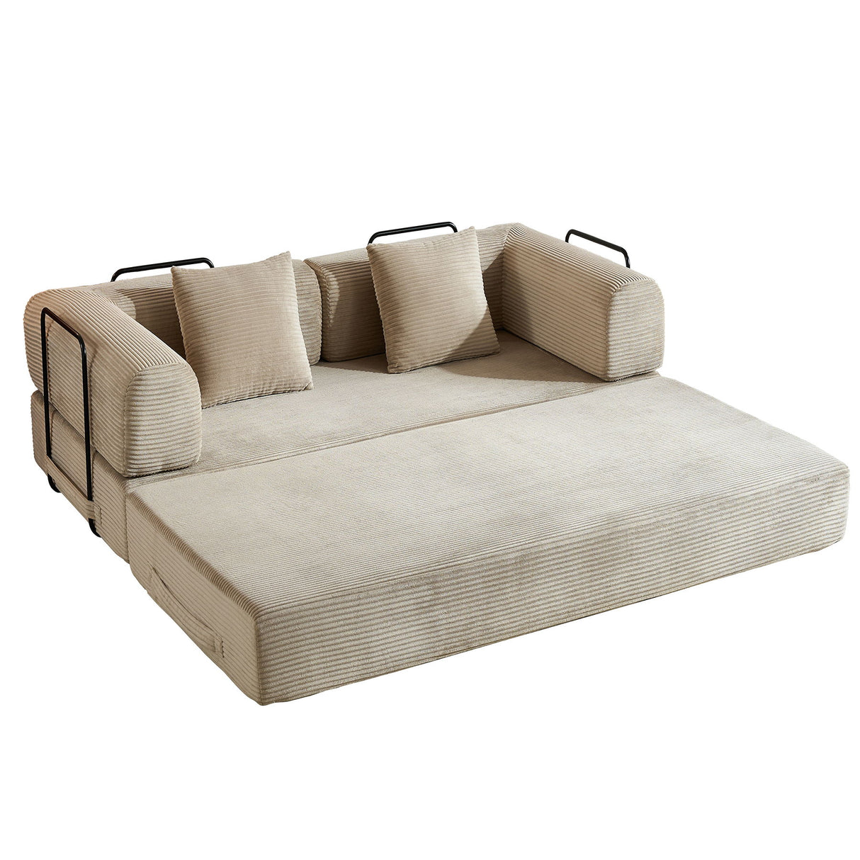Convertible Sleeper Sofa Bed With Cylindrical Pillow, With Fixed Shape Frame