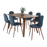 Folia - Pebble Mid-Century Modern 7 Piece Dining Room Set - Walnut Wood, Walnut Metal And Blue Fabric