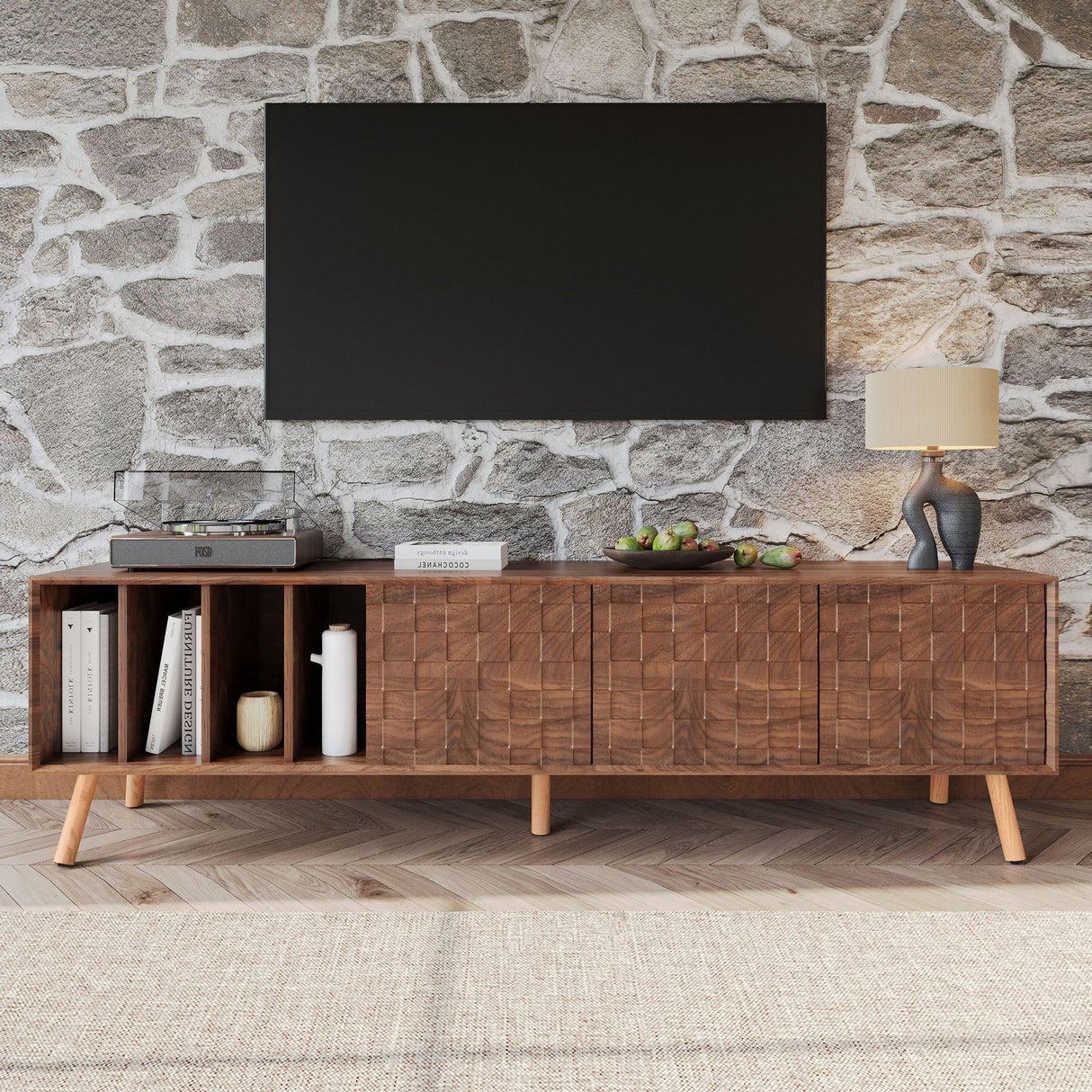 TV Stand, Cabinet For Living Room, Fits TVs Up To 80" - Walnut