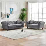 Chesterfield 3 And 2 Seater Velvet Upholstery Sofa With Roll Armrest & Nailhead Fabric Couch