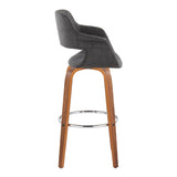 Vintage Flair - Mid-Century Modern Fixed-Height Swivel Barstool (Set of 2) - Walnut Wood And Charcoal Fabric With Round Chrome Metal Footrest