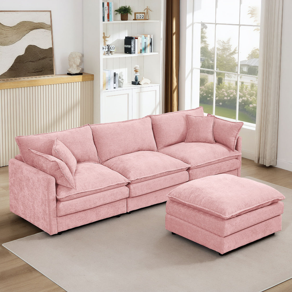 L Shaped Modular Sectional Sofa With Movable Ottoman, 3 Seater Comfortable Seating