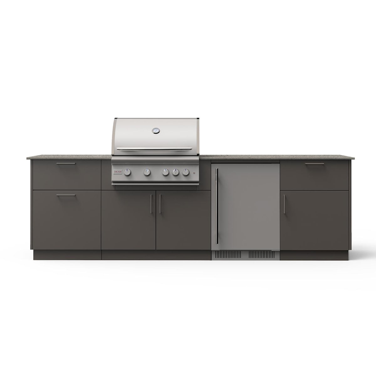 Blaze Morning Glow 10-Ft Outdoor Kitchen Island w/ 32-Inch Marine Grade LTE+ Natural Gas Grill, Fridge in Gunmetal w/ Keon Countertop