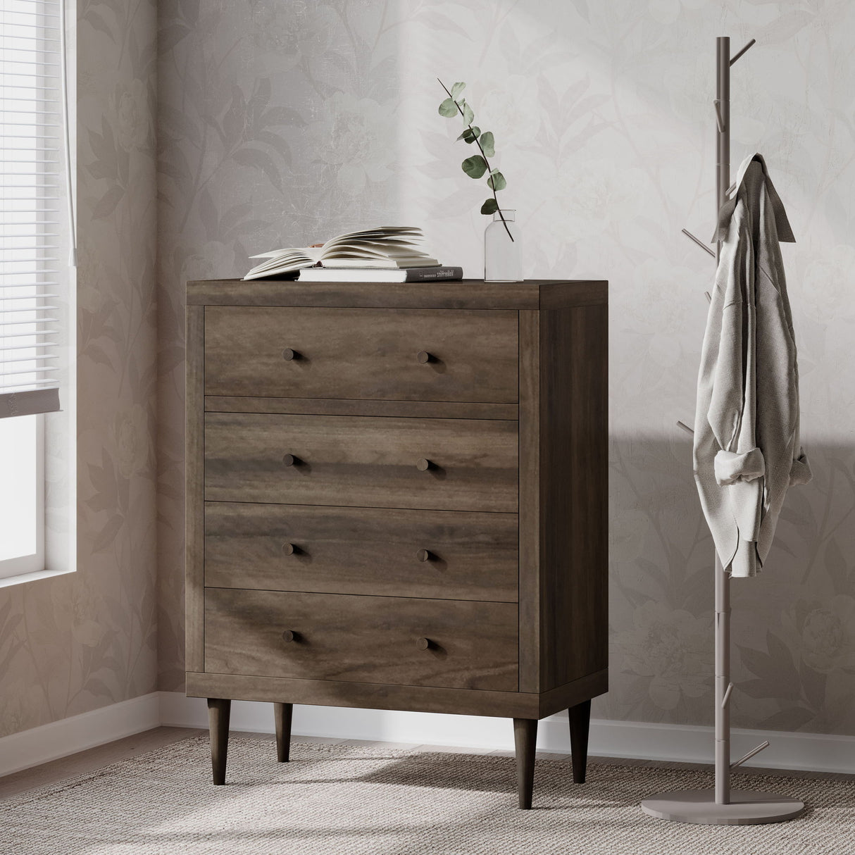 Farhart - Mid Century Modern 4 Drawer Dresser - Walnut