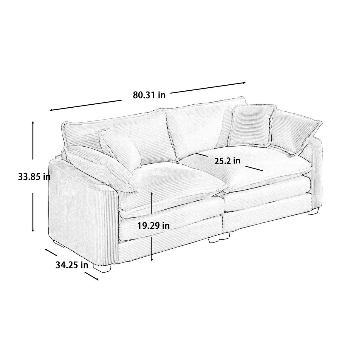 Modern 2 Seater With 4 Pillows, Upholstered Deep Seating Loveseat