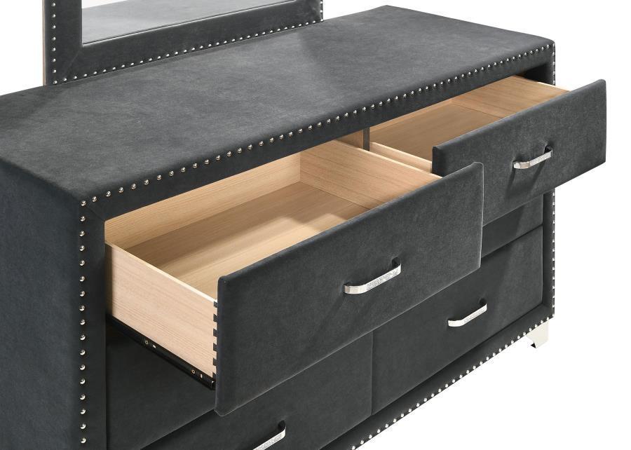 Melody - 6-Drawer Upholstered Dresser With Mirror - Gray