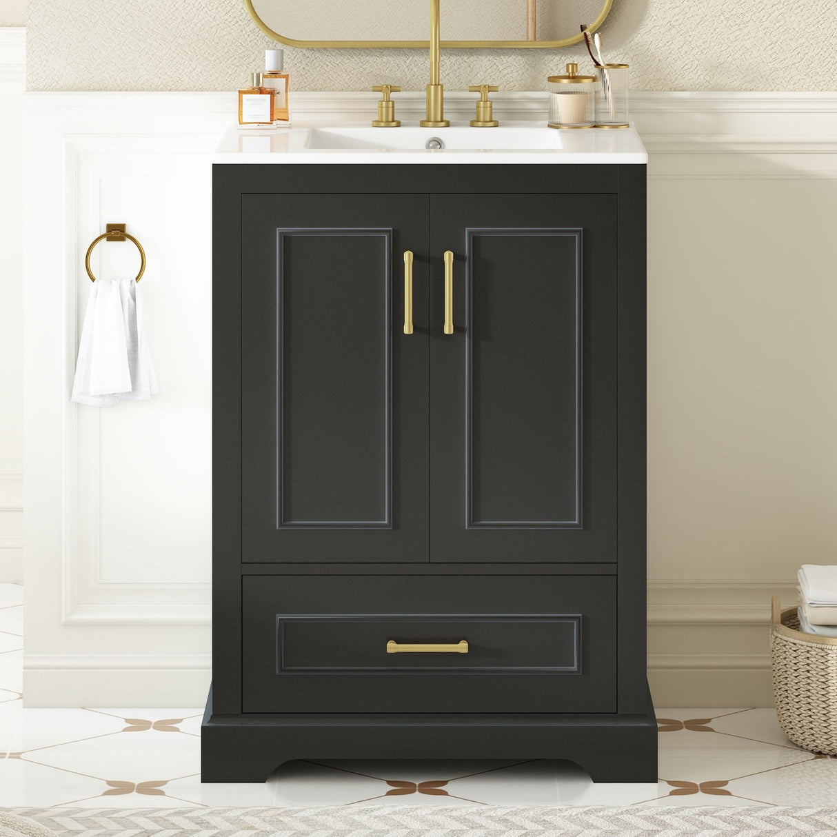 Bathroom Vanity With Sink, 1 Divided Drawer And 2 Soft Close Doors With Double Shelf