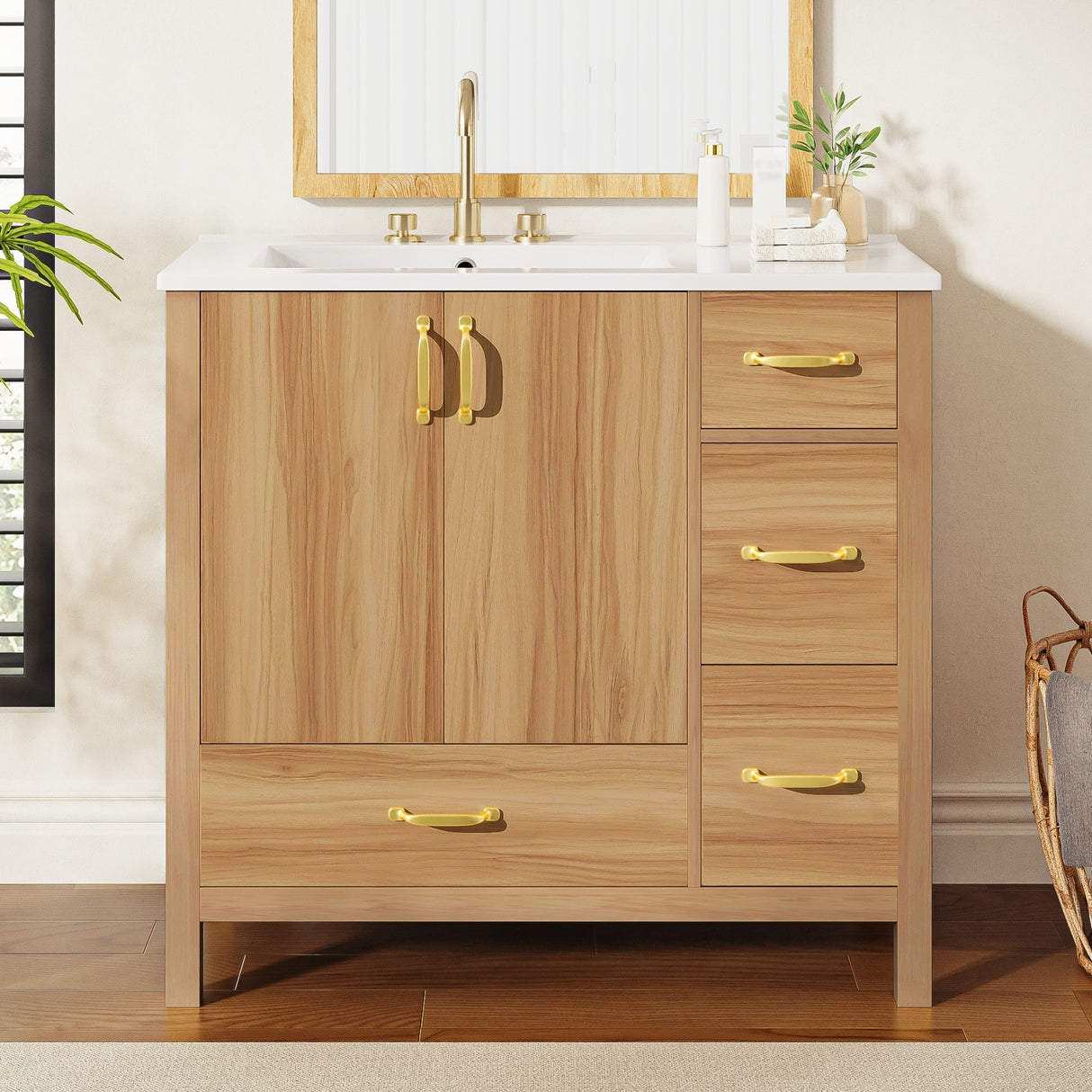 36" Bathroom Vanity, 2 Soft Close Doors, 4 Soft Close Drawers, Adjustable Shelf, Storage Cabinet - Acacia Wood