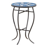 Outdoor Round Side Table With Mosaic Style Top And Curved Iron Legs - Blue / Matte Black