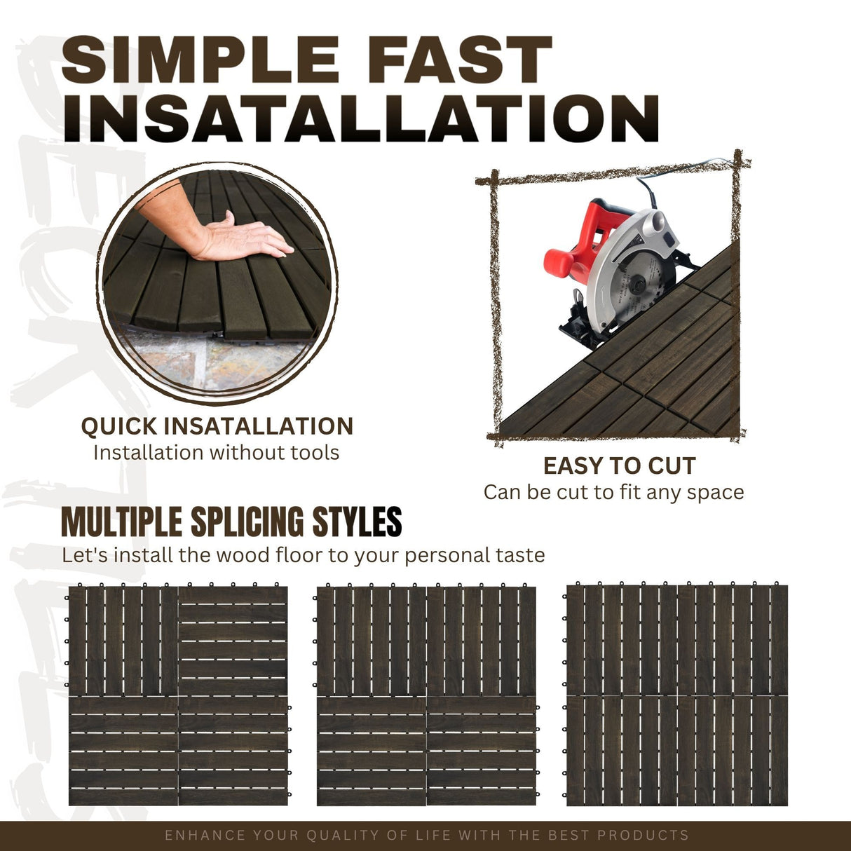 Acacia Hardwood Interlocking Deck Tiles, Striped Pattern