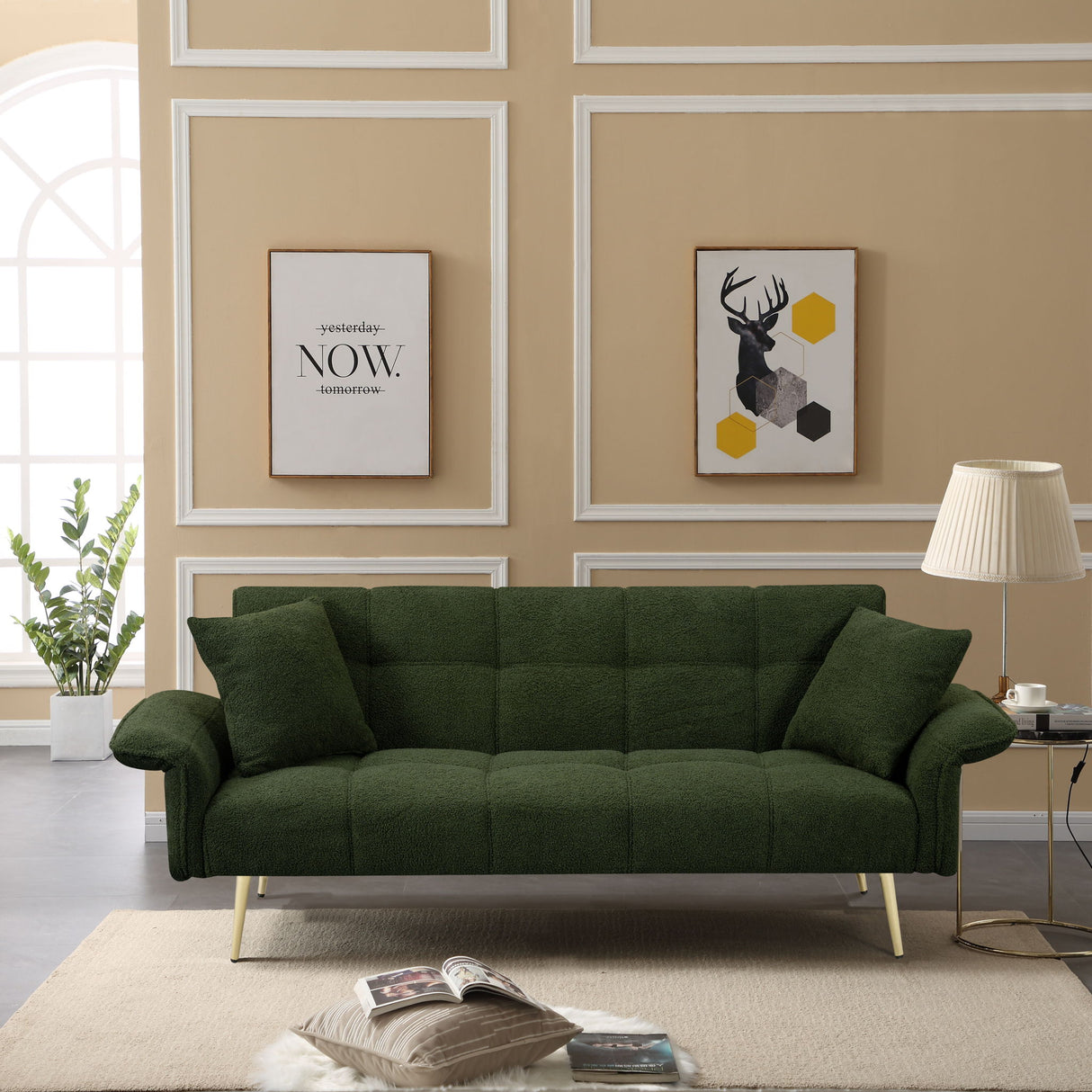 Convertible Double Futon Sofa Bed With Folding Armrests For Living Rooms