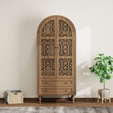 Tall Kitchen Pantry Cabinet With Hollow Carved Doors 2 Drawers And Adjustable Shelves Storage Display Cabinet For Kitchen Dining Room Or Living Room - Walnut